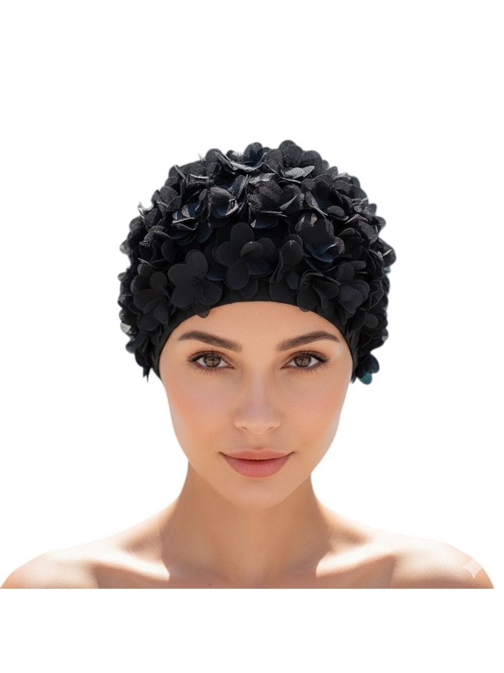 Black Floral Swim Cap 3D Flower Retro Glam